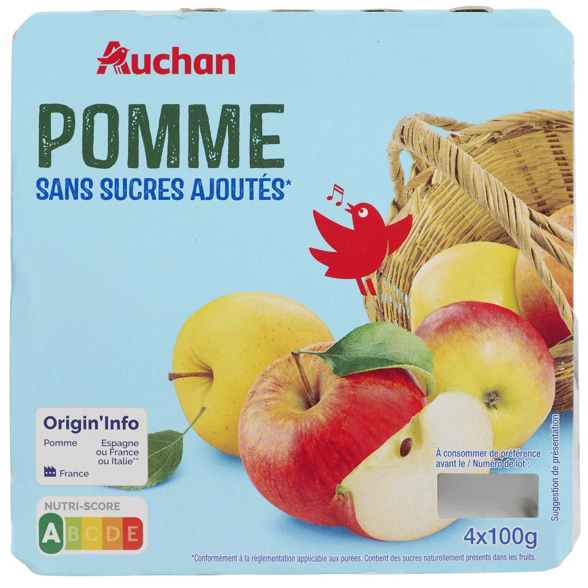 AUCHAN Coupelles purée de pomme nature sans sucres ajoutés