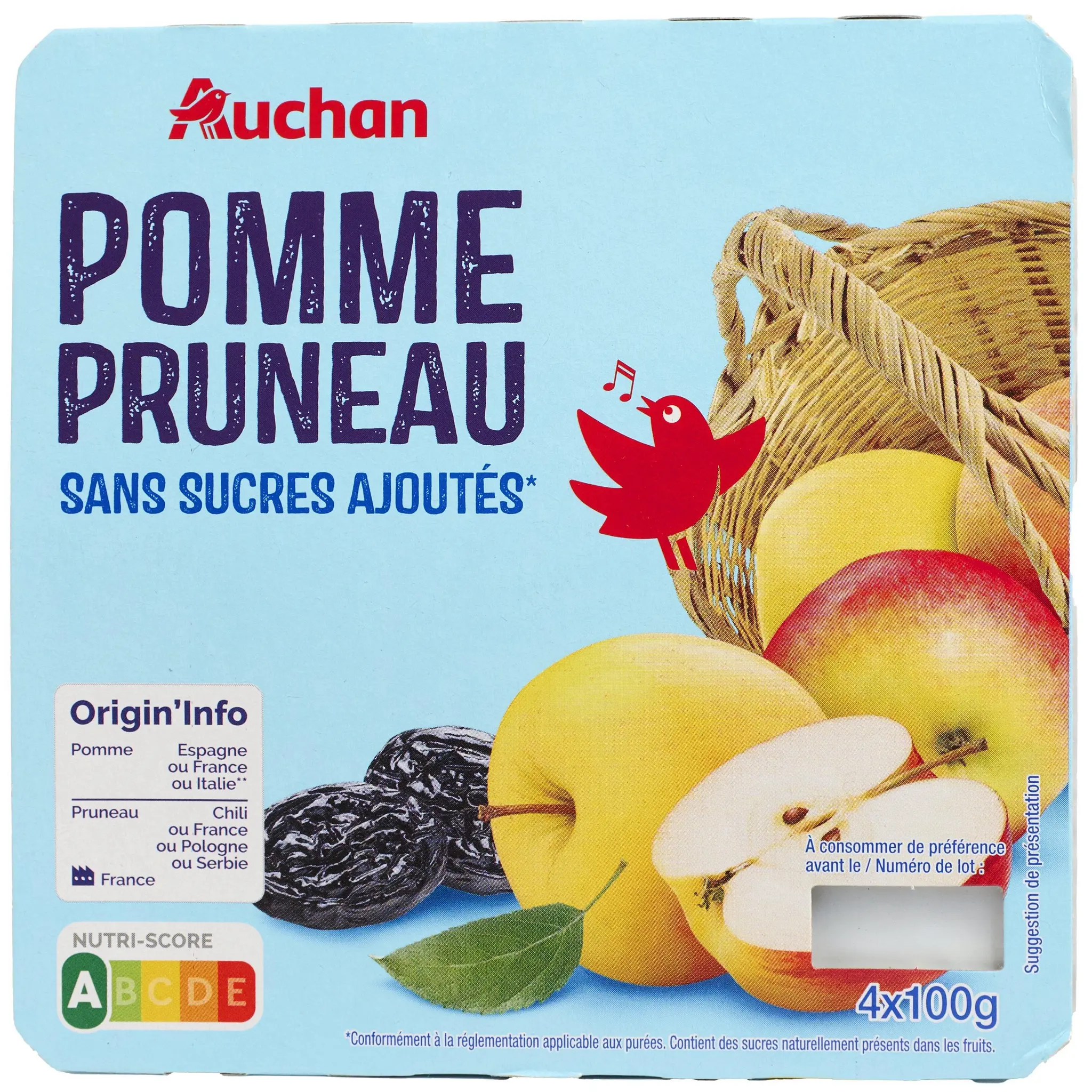 AUCHAN Coupelles purée de pomme pruneau sans sucres ajoutés