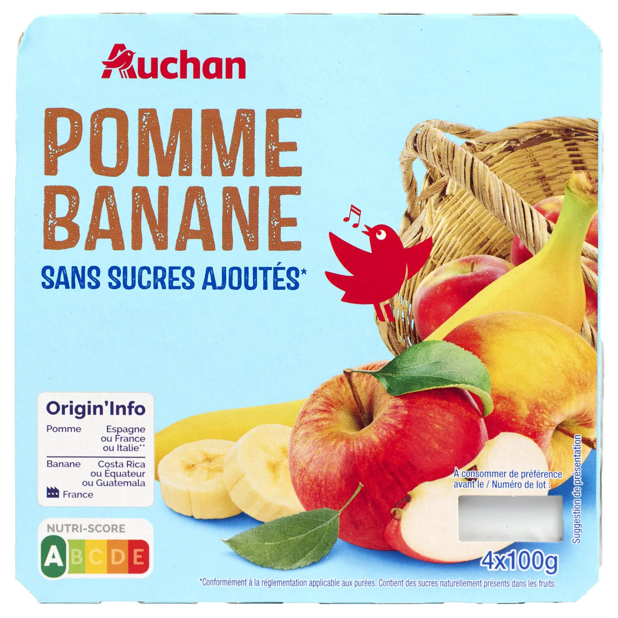 AUCHAN Coupelles purée de pomme banane sans sucres ajoutés