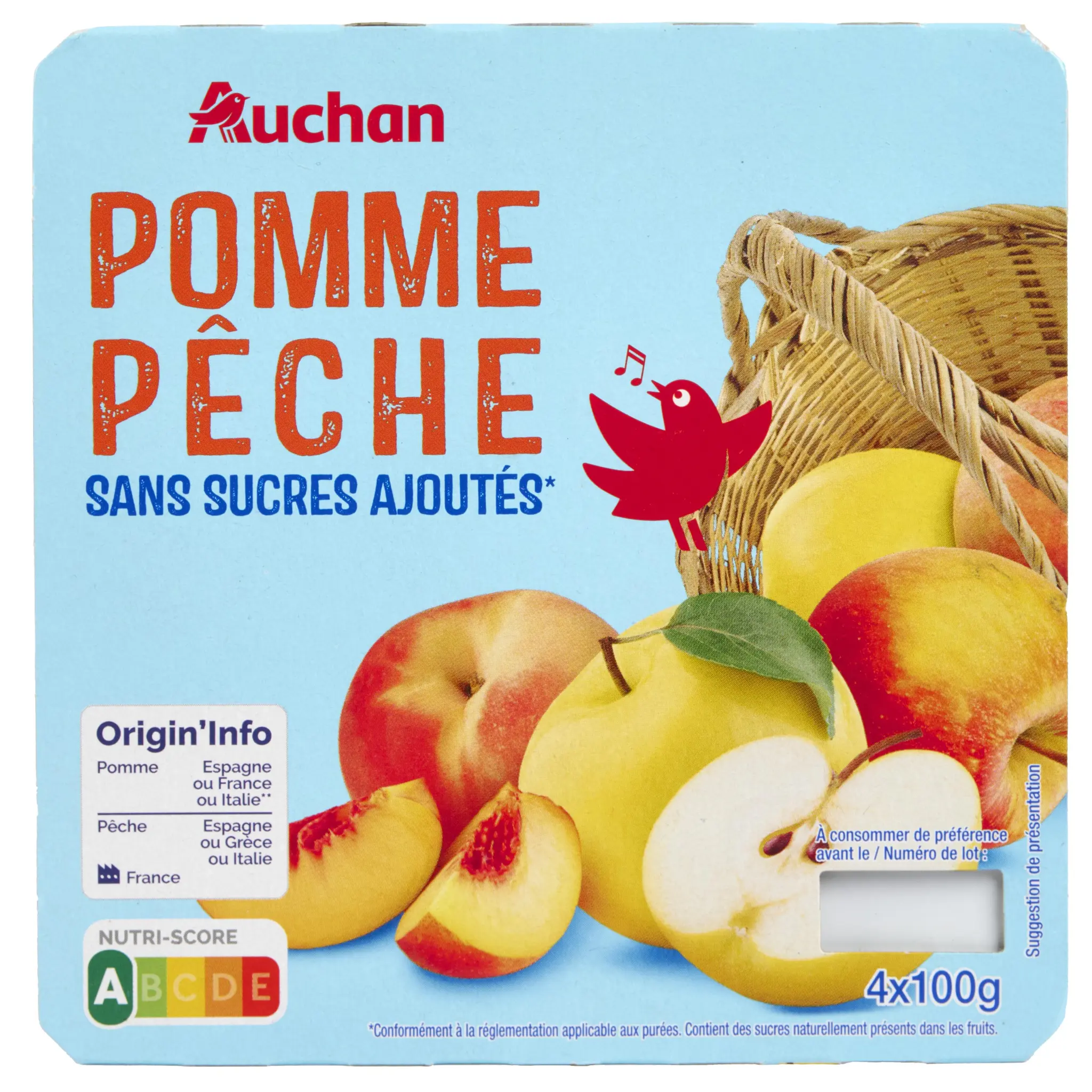 AUCHAN Coupelles spécialité pomme pêche sans sucres ajoutés