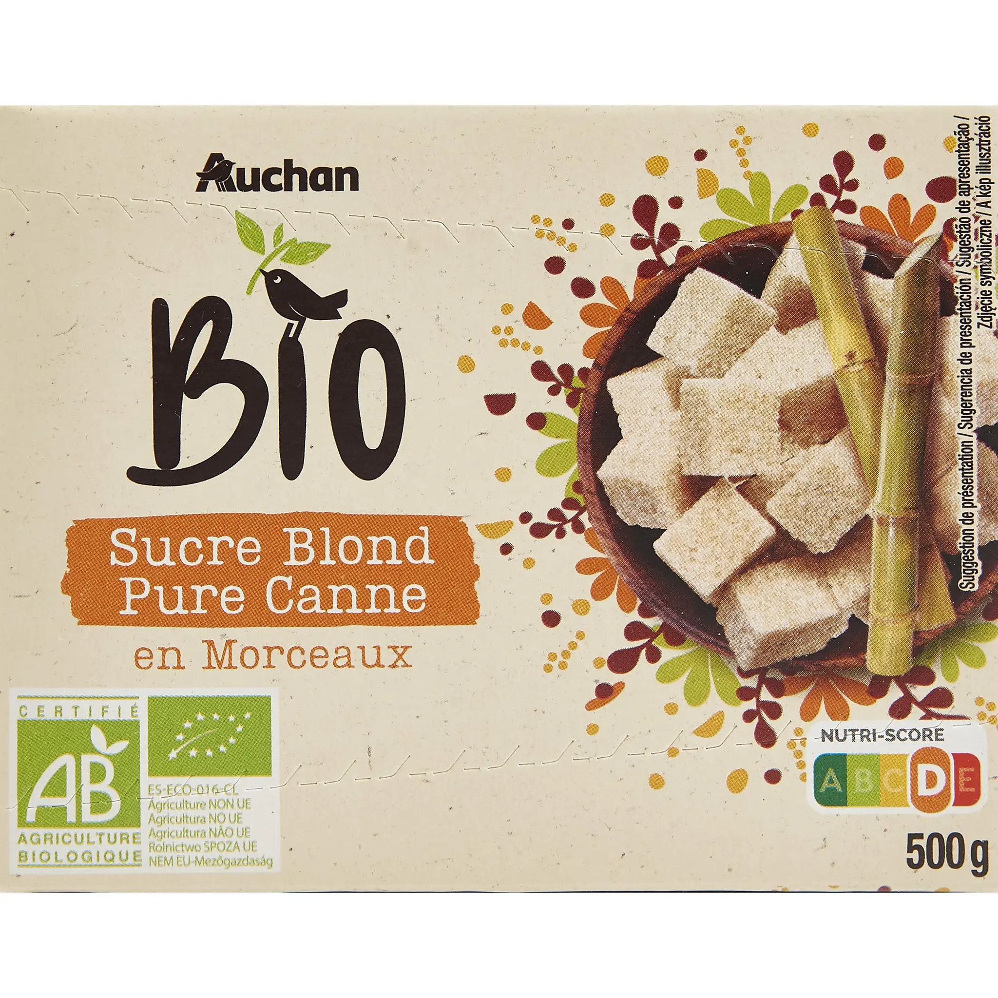 AUCHAN BIO Sucre blond pure canne en morceaux