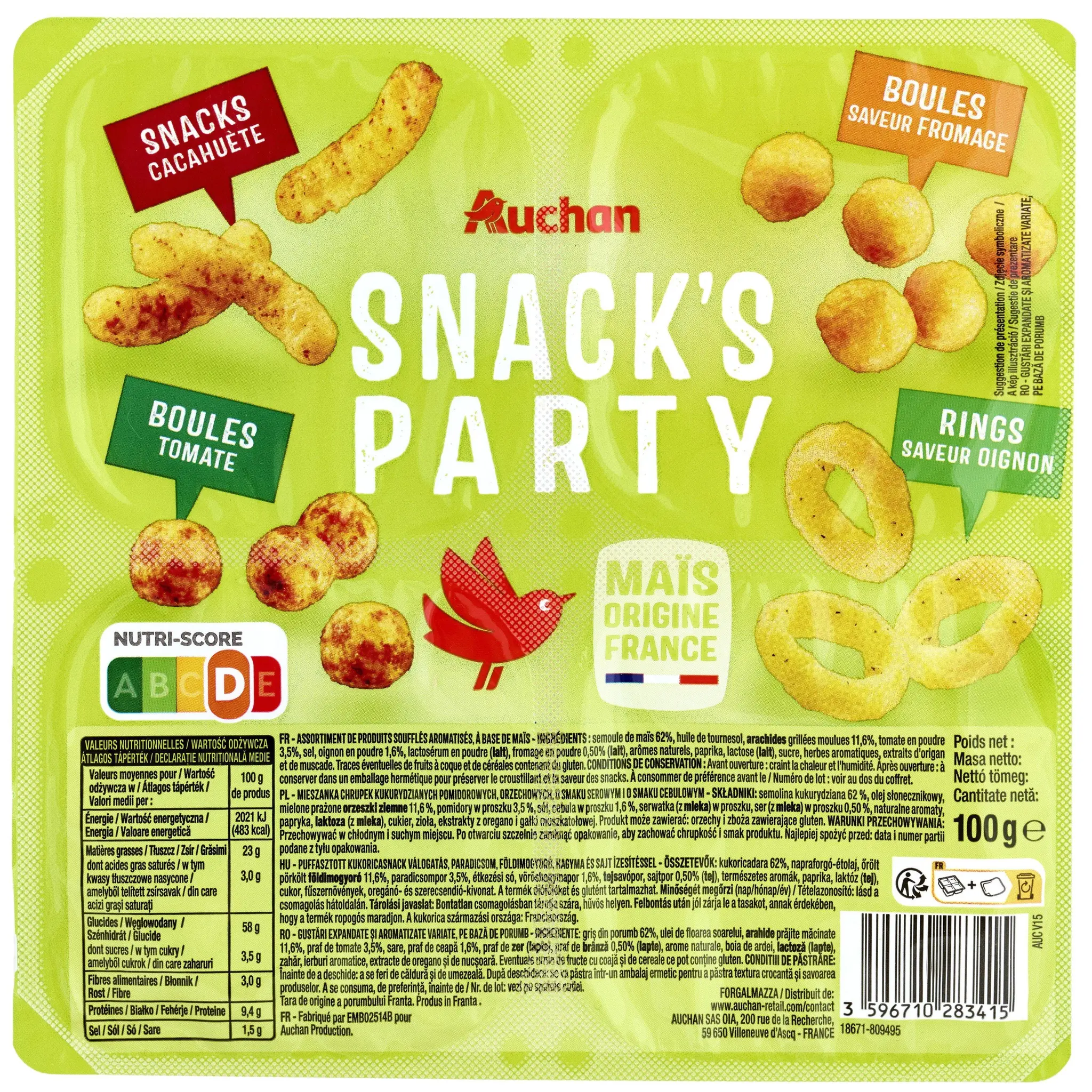 AUCHAN Assortiment de biscuits apéritifs soufflés Snack party