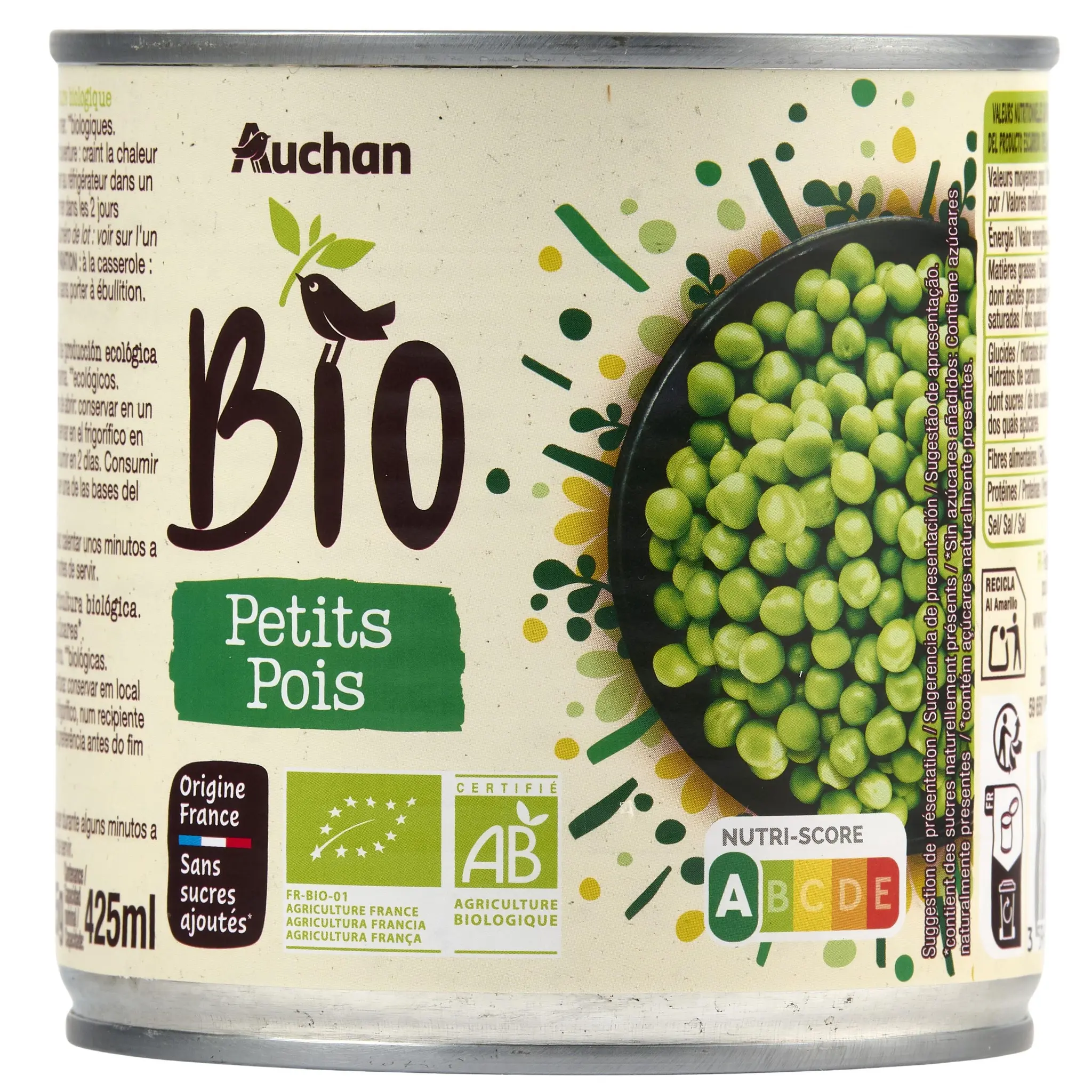 AUCHAN BIO Petits pois sans sucres ajoutés