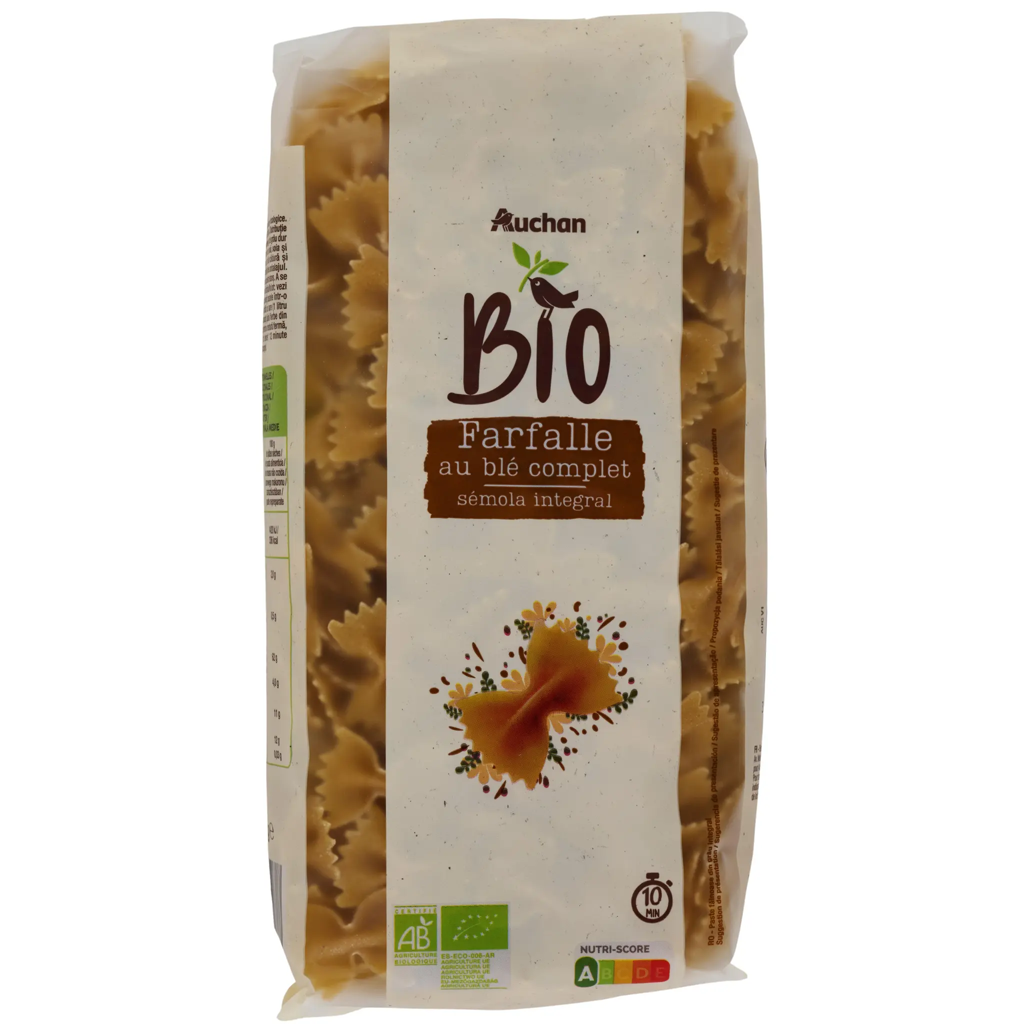 AUCHAN BIO Farfalle intégrales au blé complet bio