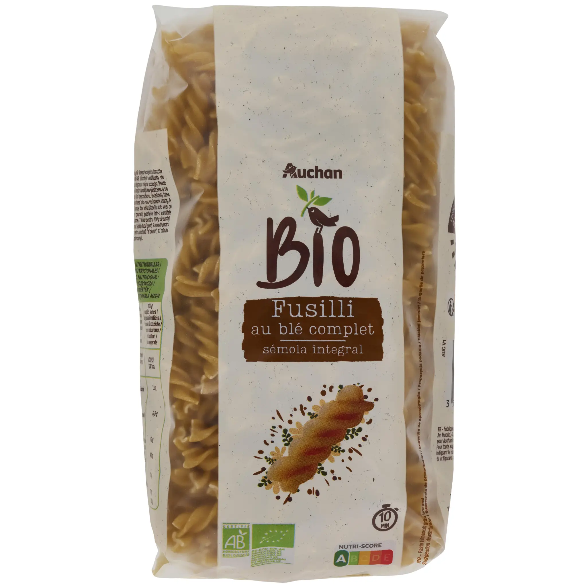 AUCHAN BIO Fusilli intégrales au blé complet bio