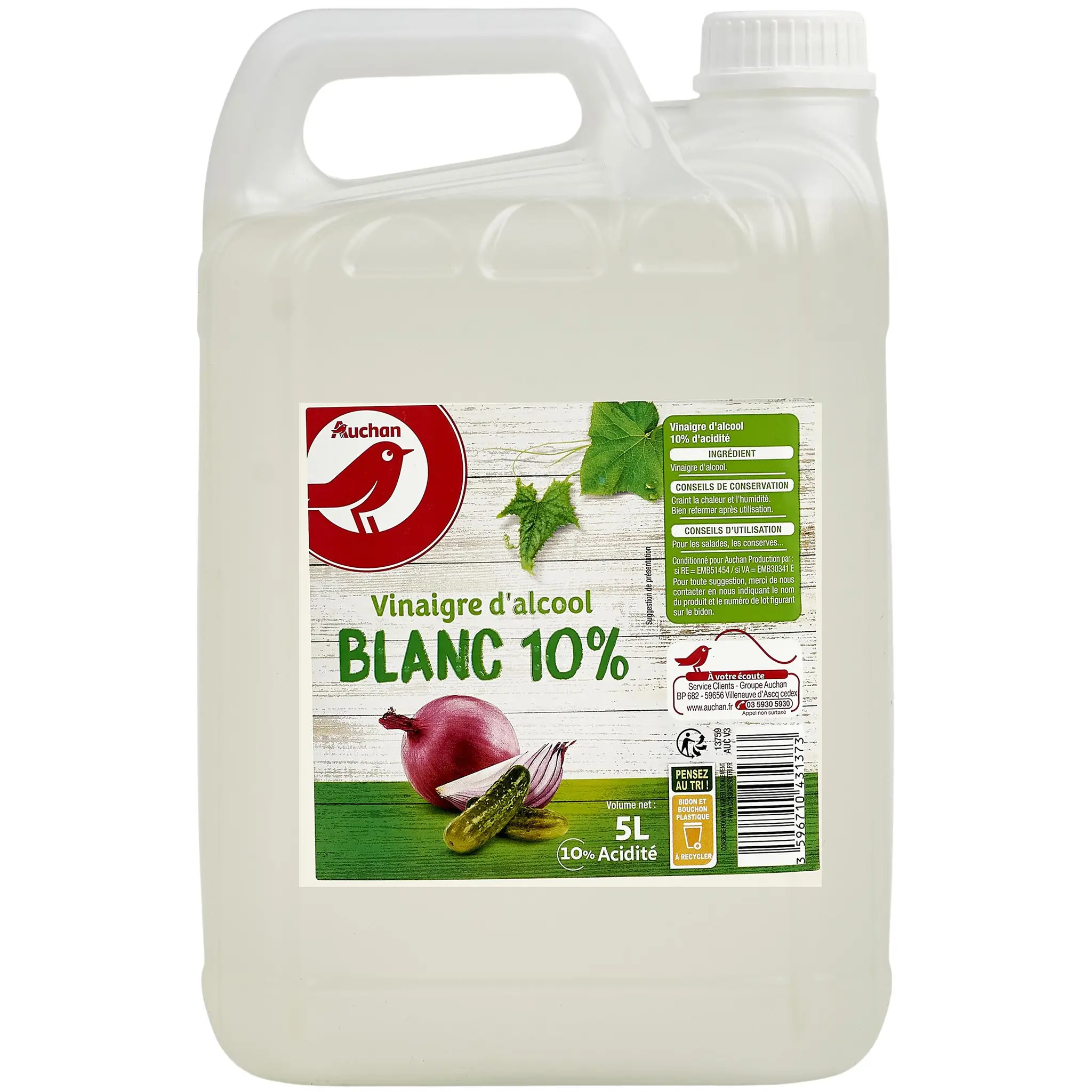 AUCHAN Vinaigre d'alcool blanc 10% d'acidité en bidon