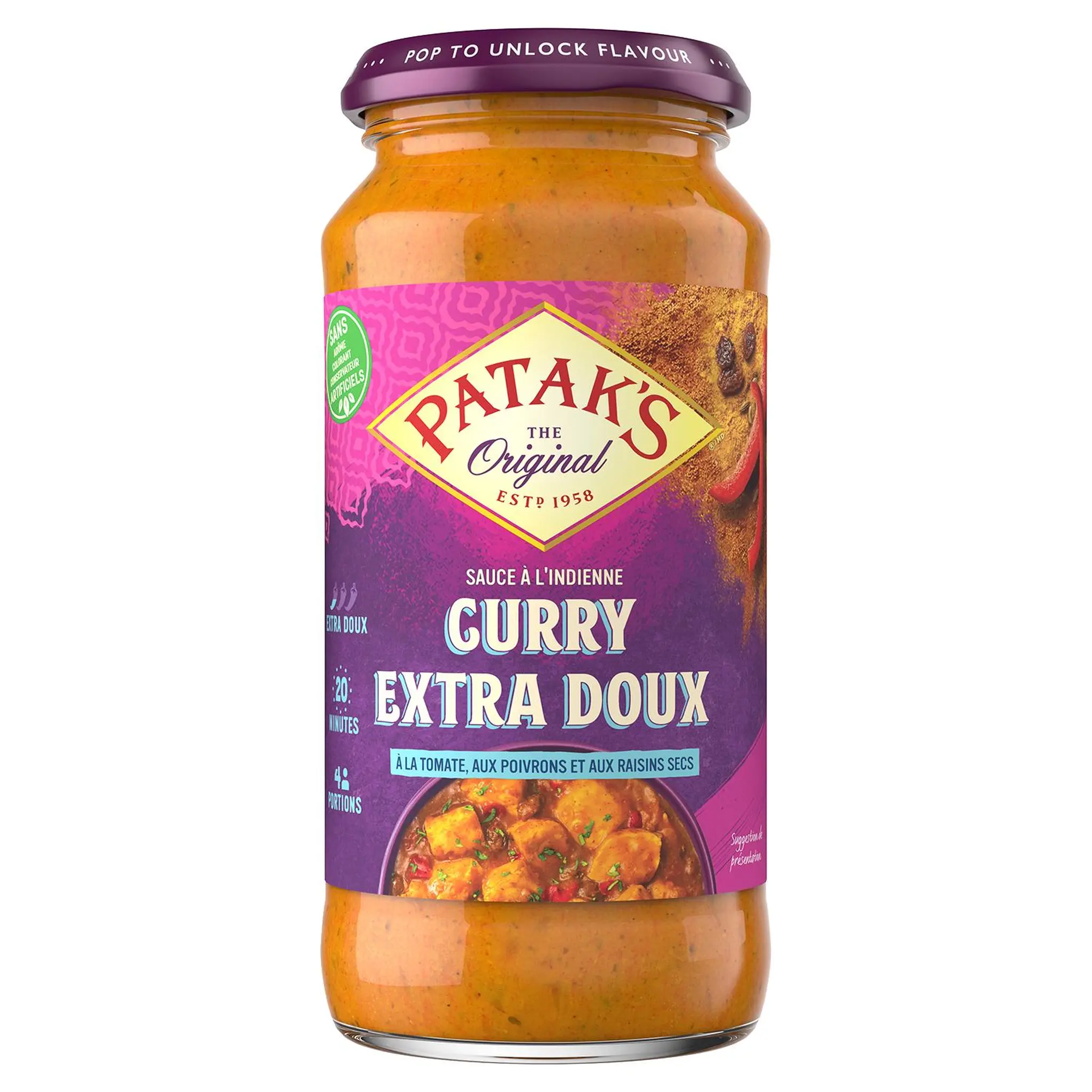 PATAK'S Sauce curry extra doux tomate poivrons rouges raisins secs