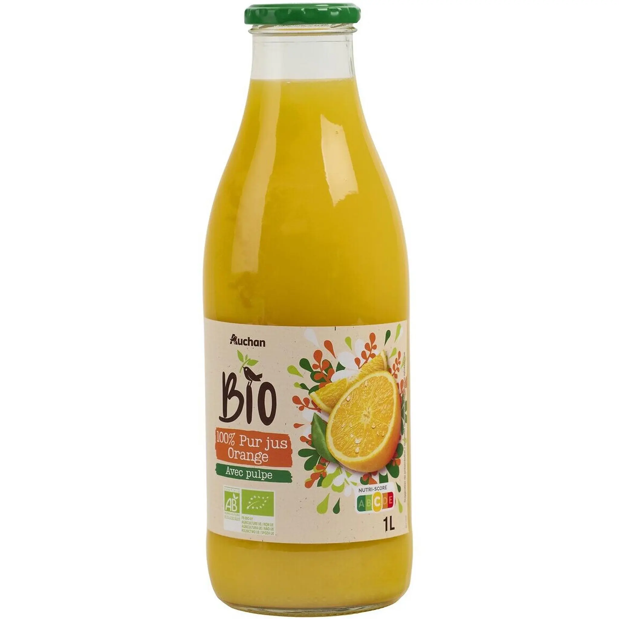 AUCHAN BIO Pur jus d'orange avec pulpe bio bouteille