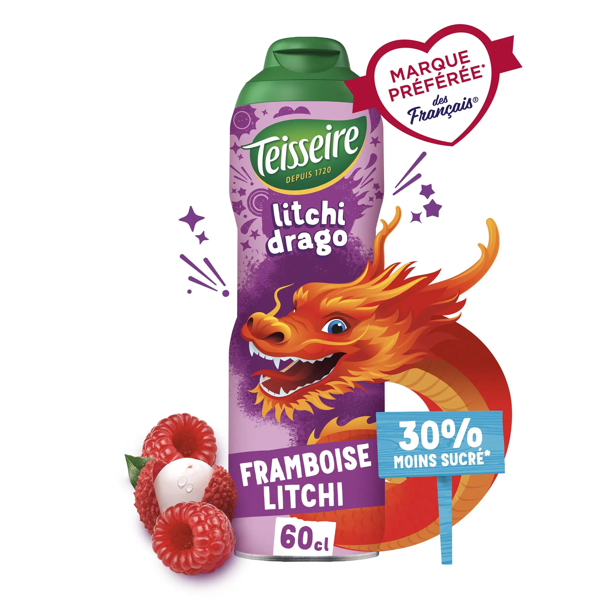 TEISSEIRE Fruity Animals Sirop litchi drago à la framboise et litchi bidon réduit en sucre