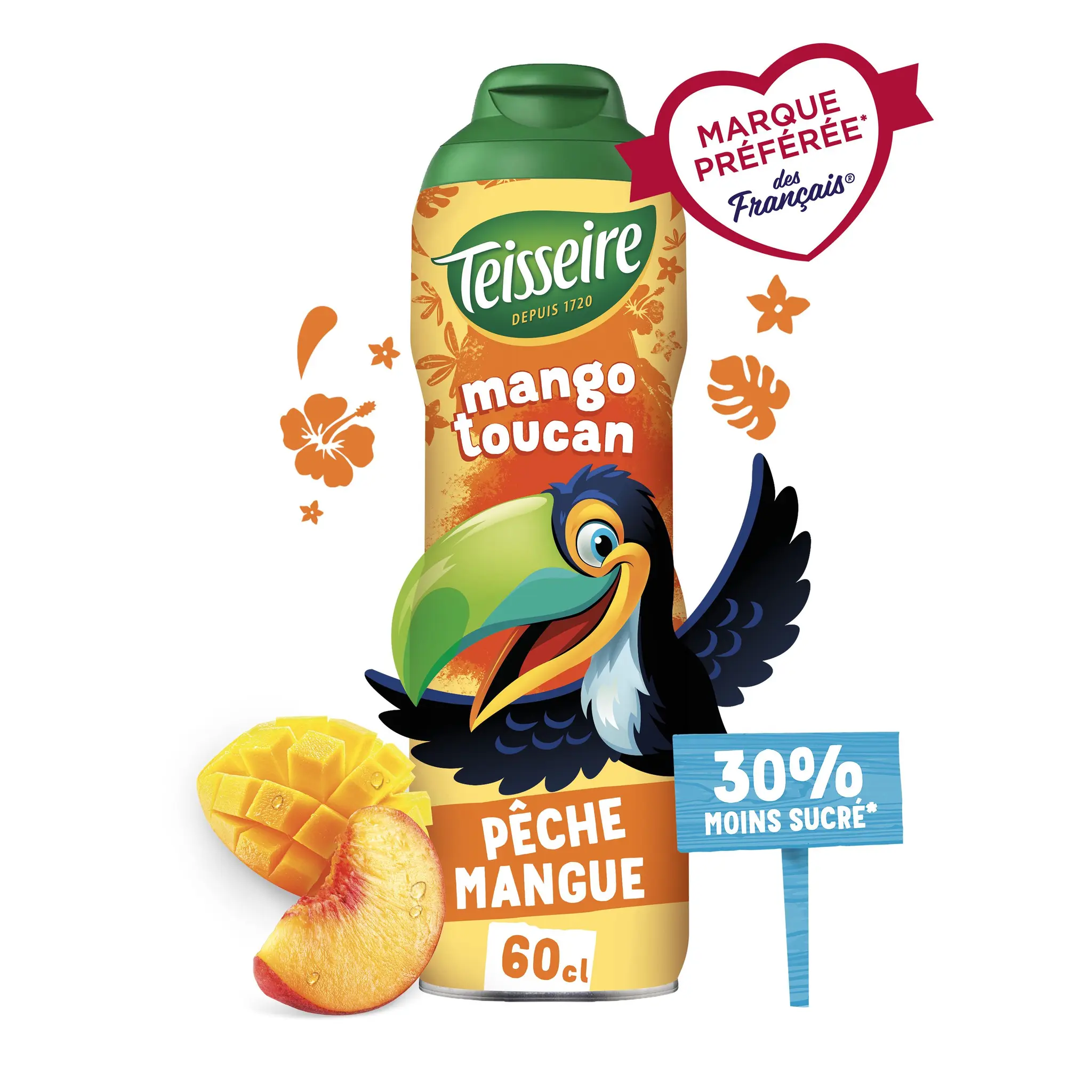 TEISSEIRE Fruity Animals Sirop mango toucan à la pêche et mangue bidon réduit en sucre