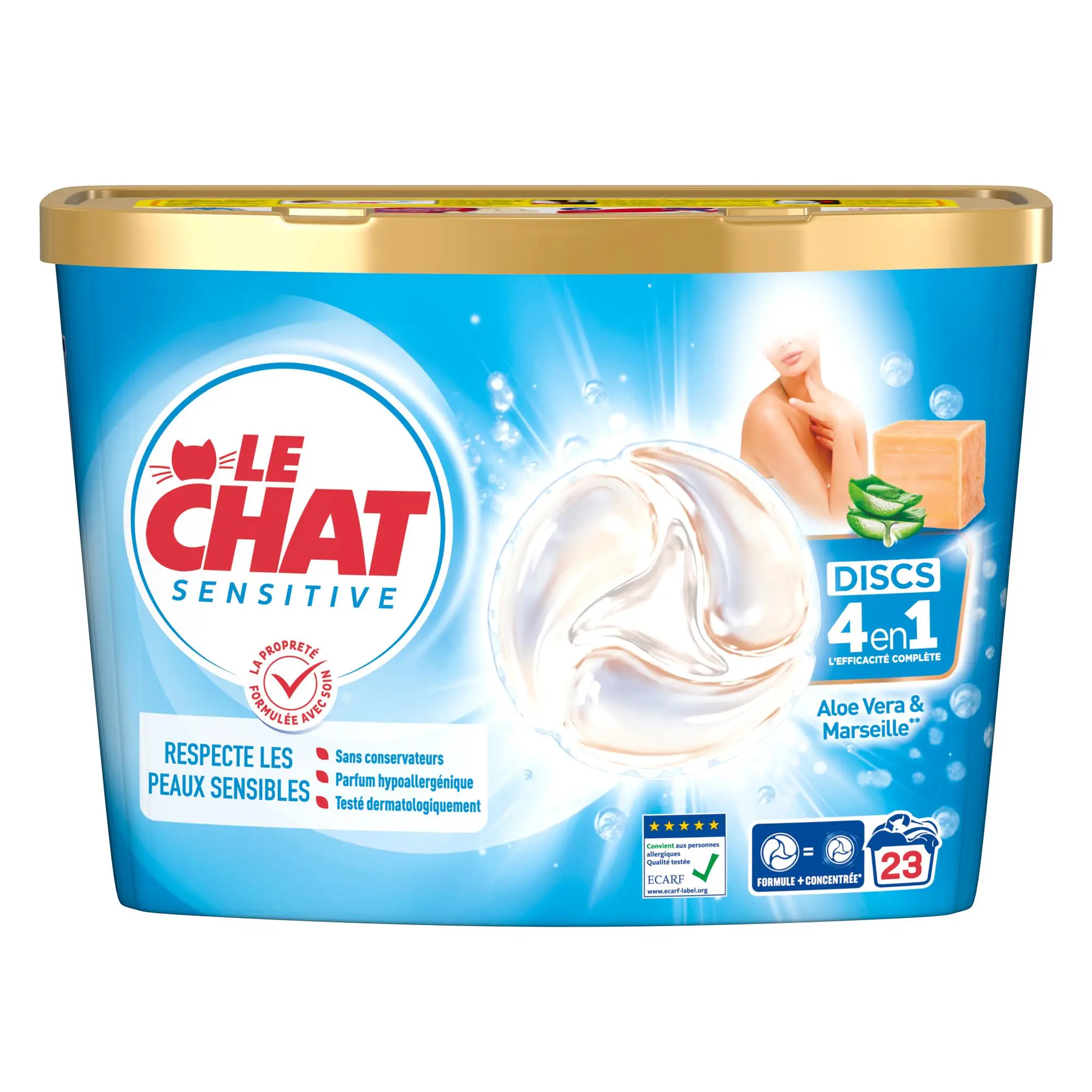 LE CHAT Disc Lessive capsules 4 en 1 Sensitive Aloe Vera et Marseille