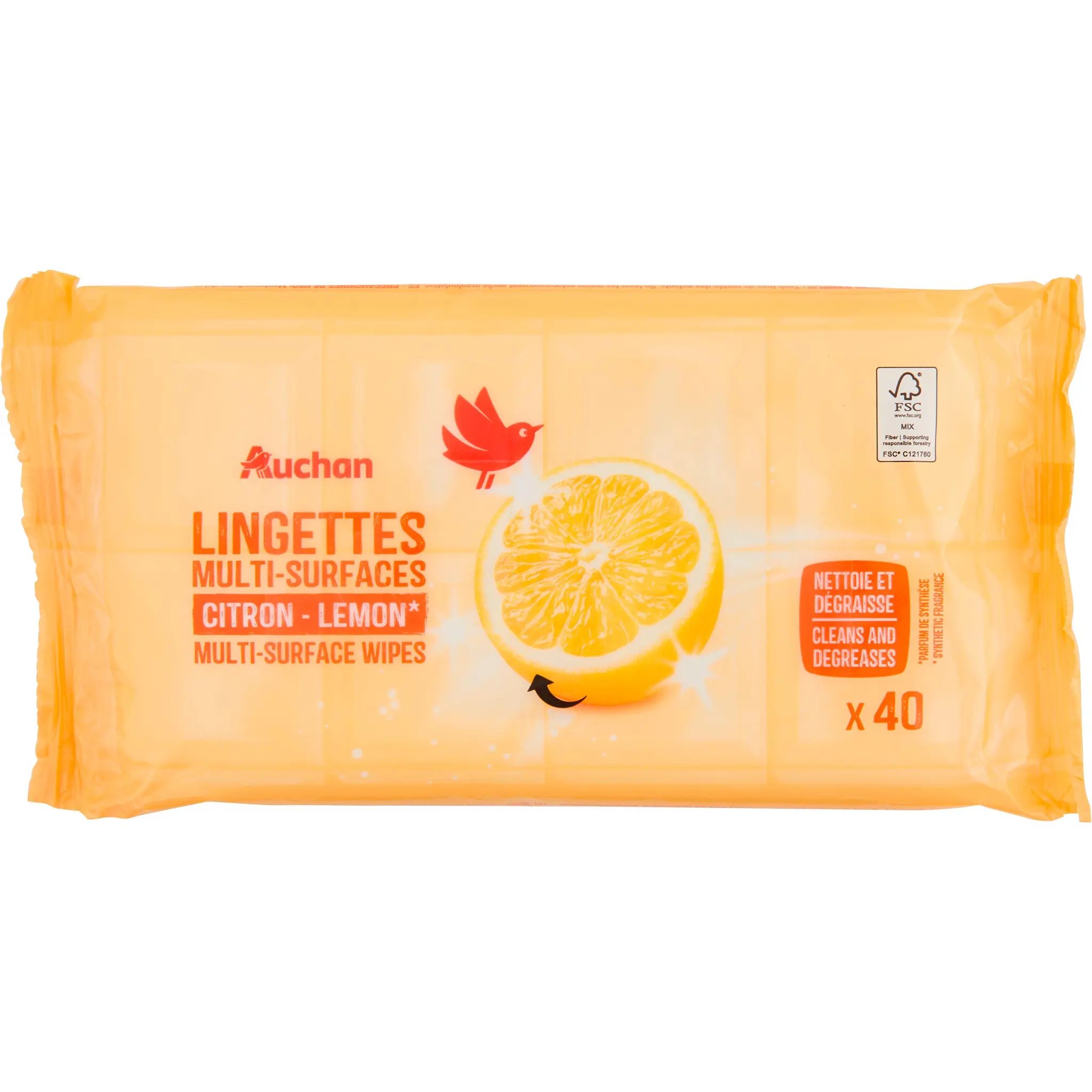 AUCHAN Lingettes multi-surfaces citron