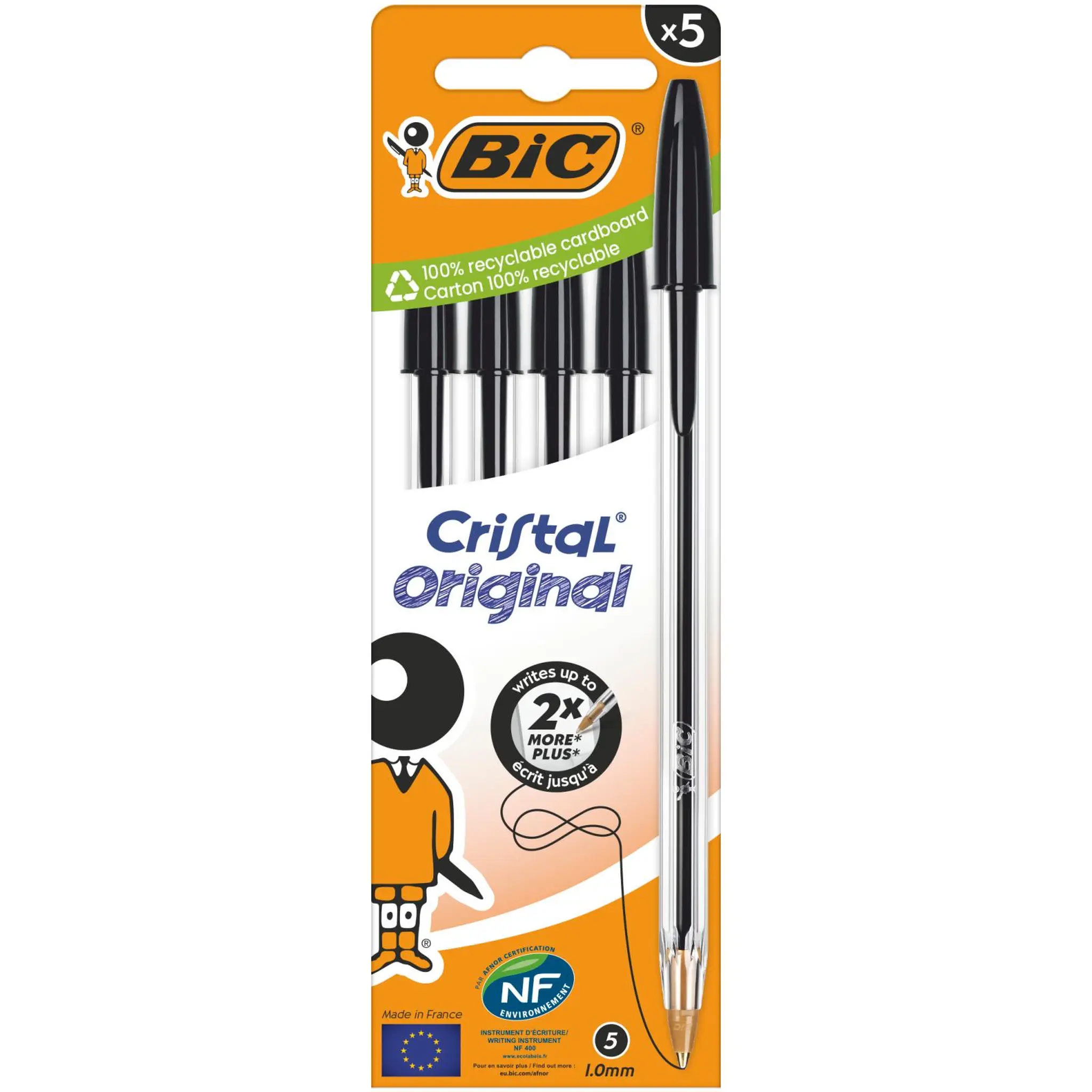 BIC 5 Stylos à Billes Cristal Pointe moyenne - Noir