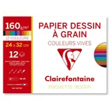 CLAIREFONTAINE Pochette de papier à dessin à grain 12 feuilles 24x32cm 160g couleurs vives