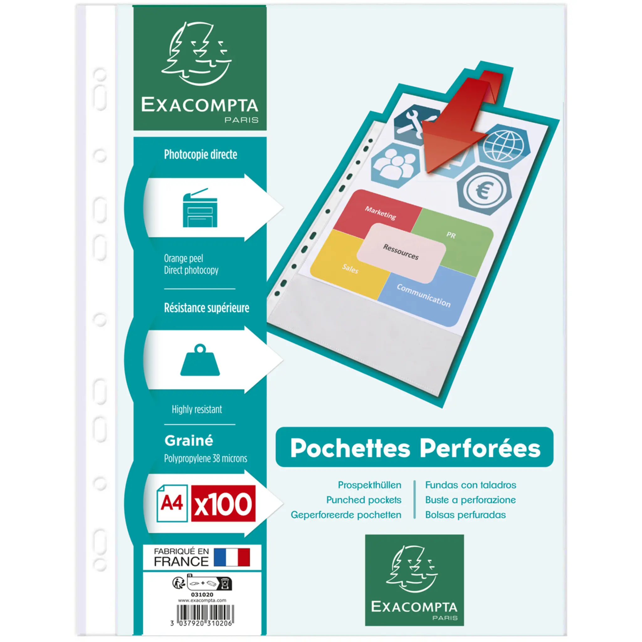 EXACOMPTA Pochettes perforées A4 en PP grainé lot de 100
