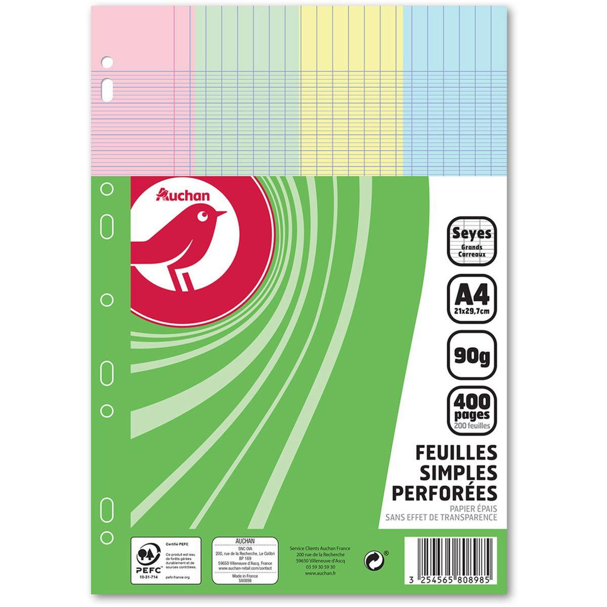 AUCHAN Feuilles simples 400 pages 21x29.7cm grands carreaux Seyes couleurs assorties perforées