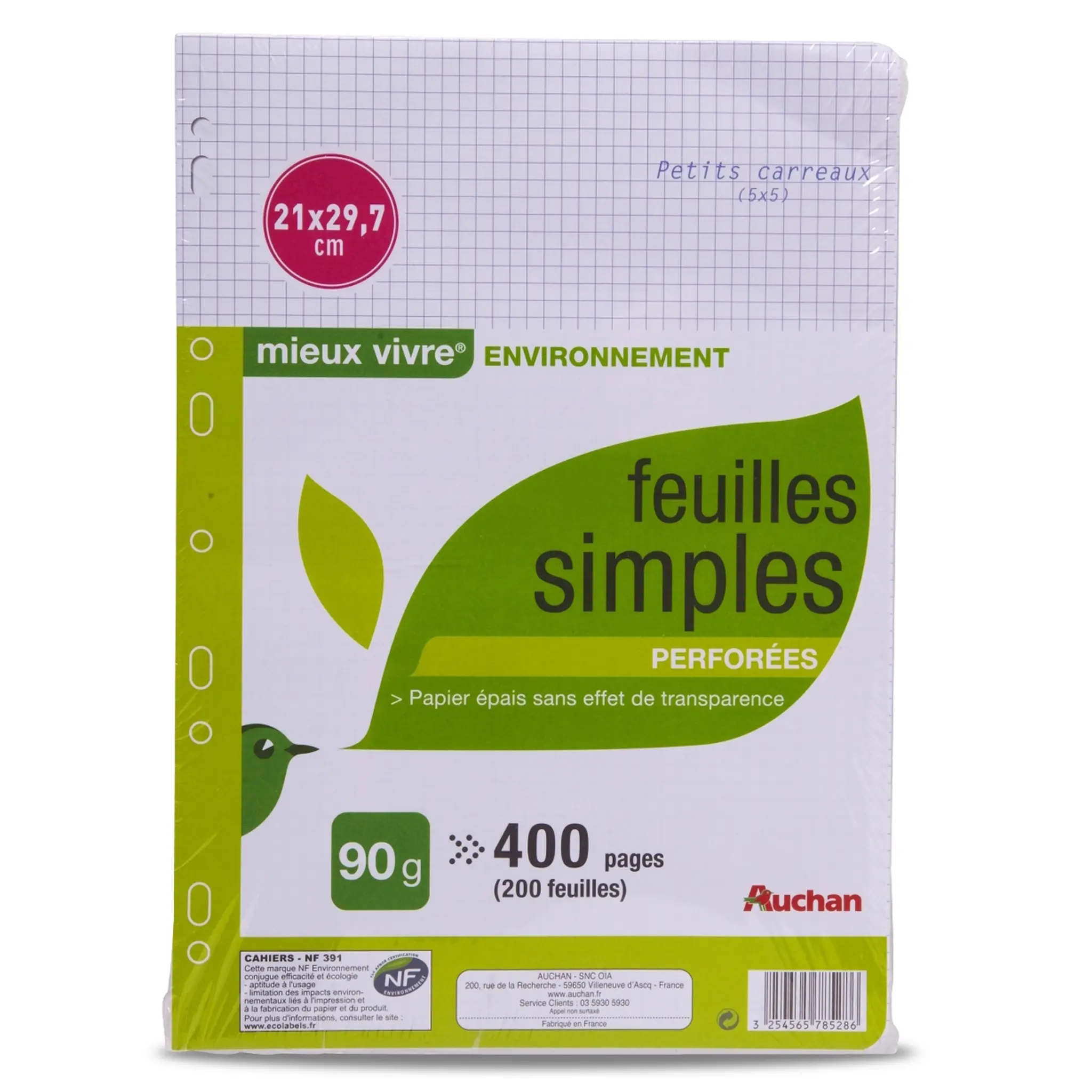 AUCHAN Feuilles simples 400 pages 21x29,7cm petits carreaux 5x5 perforées