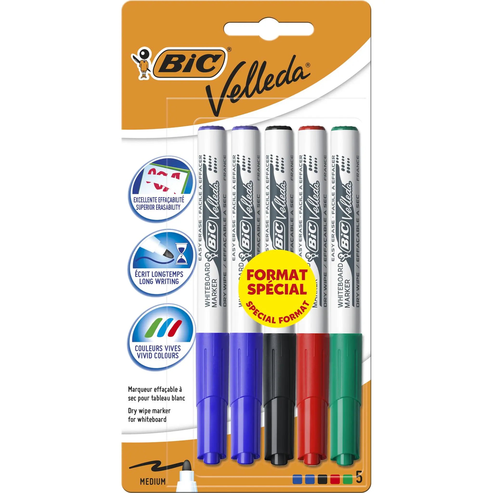 BIC Lot de 5 marqueurs pour tableau blanc effaçables à sec pointe moyenne VELLEDA bleu-noir-rouge-vert