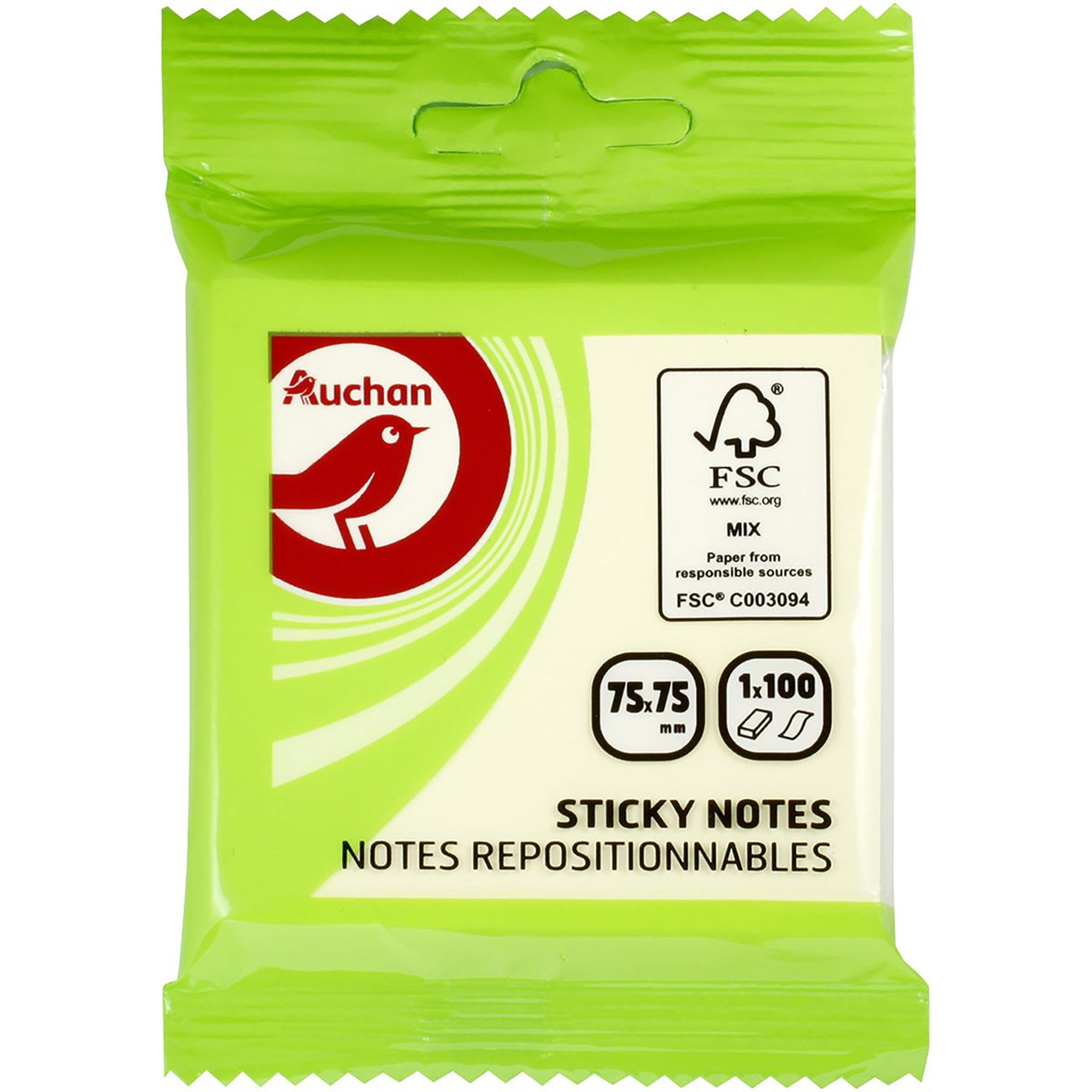AUCHAN Bloc de 100 notes repositionnables 75x75mm jaune pastel