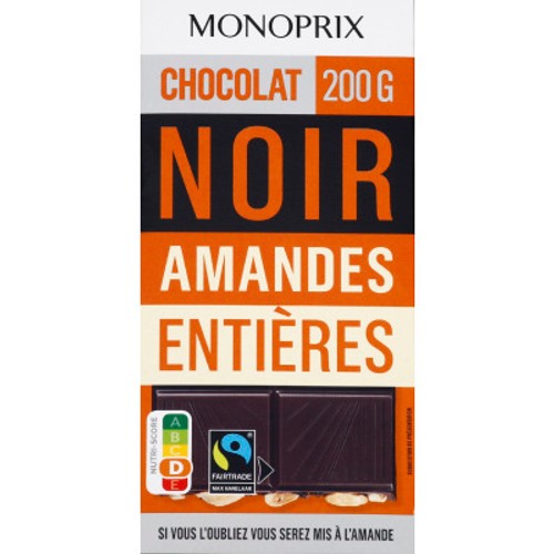 Monoprix Chocolat noir aux amandes entières 200g