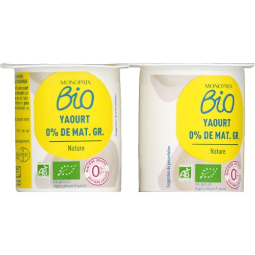 Monoprix Bio Yaourt nature 0% Le pack de 4x125g