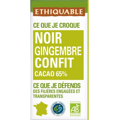Ethiquable Chocolat Noir Au Gingembre Confit 65% Bio 100g