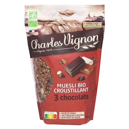 Charles Vignon Muesli Bio Croustillant 3 Chocolats 375g
