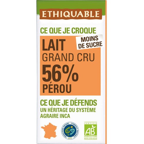 Ethiquable Tablette de chocolat au Lait Pérou 56% Bio 100g