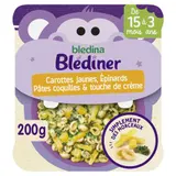 Blédina Petit plat morceaux à dévorer carottes jaunes épinards, pâtes coquilles et touche de crème, de 15 à 36 mois, 200g