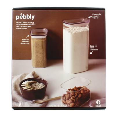 Pebbly Set de 3 boites rectangulaires hautes avec couvercle en verre (470/1200/1800 ml)
