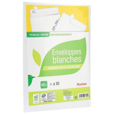Auchan 10 enveloppes blanches auto-adhésives, Dimensions 229x324mm