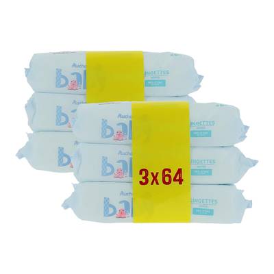 Auchan Baby Lingettes à l'eau pure, Lot de 2 - 3 x 64 lingettes