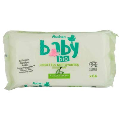 Auchan Baby Bio Lingettes nettoyantes bébé à aloe vera bio, 64 lingettes