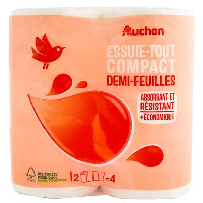 Auchan Essuie tout demi feuilles compact, 2 rouleaux