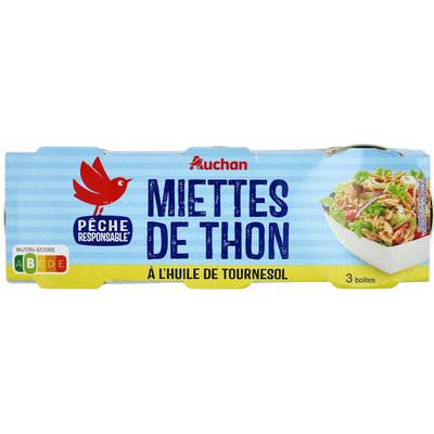 Auchan Miettes de Thon à l'huile de tournesol en conserve, 3x80g