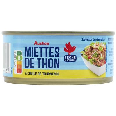 Auchan Miettes de thon à l'huile de tournesol en conserve, 160g