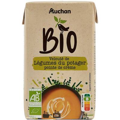 Auchan BIO Velouté de légumes du potager pointe de crème bio Soupe liquide en brique familiale, 1L