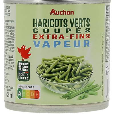 Auchan Haricots verts coupés extra fins vapeur en conserve, 225g