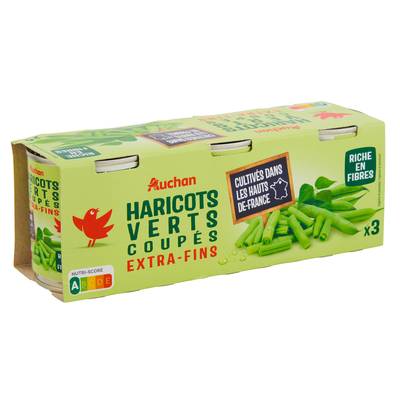 Auchan Haricots verts extra fins coupés en conserve, 3x110g