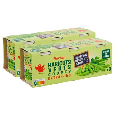 Auchan Haricots verts extra fins coupés en conserve, Lot de 2 - 3x110g
