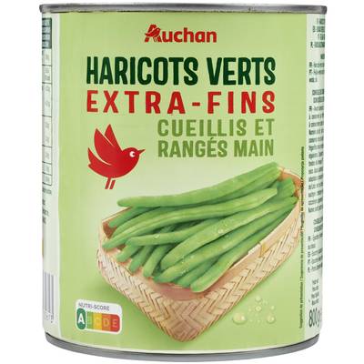 Auchan Haricots verts extra fins cueillis et rangés main en conserve, 440g