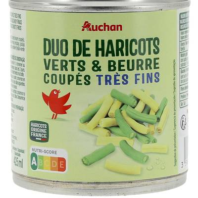 Auchan Duo de haricots verts et beurre extra-fins en conserve, 220g