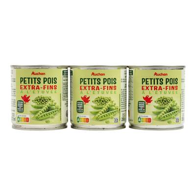 Auchan Petits pois extra-fins étuvés en conserve, 3x140g