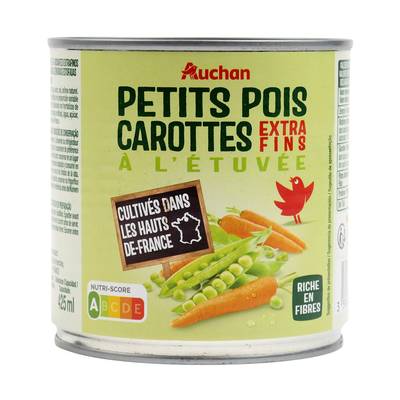 Auchan Petits pois carottes extra-fins à l'étuvée en conserve, 265g