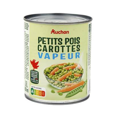 Auchan Petits pois carottes vapeur en conserve, 530g