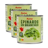 Auchan Epinards en branches en conserve, Lot de 3x265g