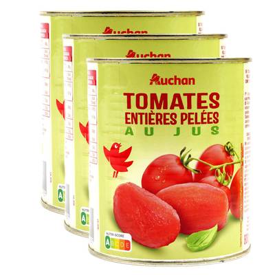 Auchan Tomates entières pelées au jus en conserve, Lot de 3x476g