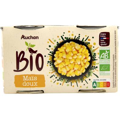 Auchan BIO Maïs doux en grains sans sucres ajoutés Bio en conserve, 2x140g