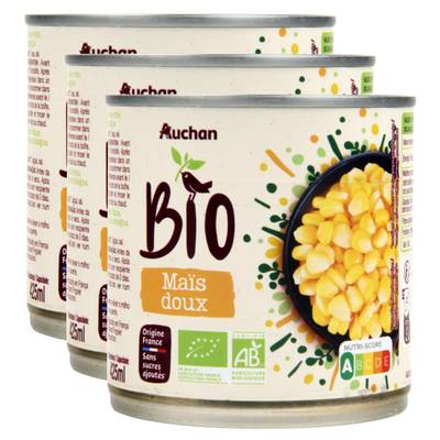 Auchan BIO Maïs doux en grains sans sucres ajoutés Bio en conserve, Lot de 3x285g