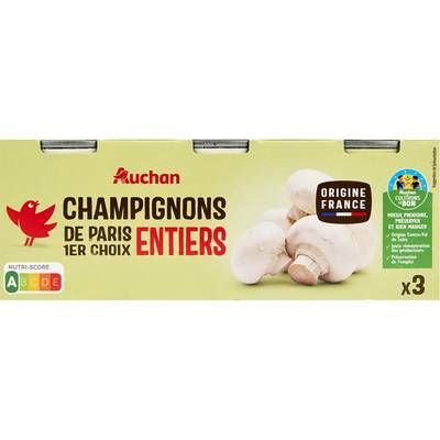 Auchan Champignons de Paris entiers 1er choix en conserve, 3x115g
